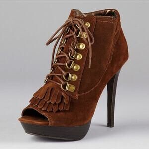N.Y.L.A. Sabie Brown Suede Tassel Booties Peep Toe Lace Up Ankle Boots 7.5 Boho